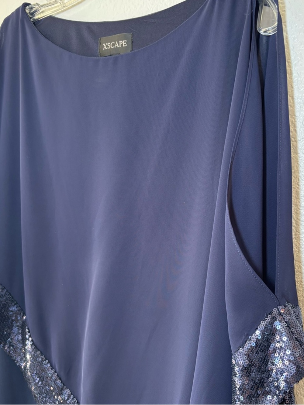 Xscape Chiffon Sequins Capelet Shift Dress Size 10 Navy Formal Party Wedding - Picture 7 of 12